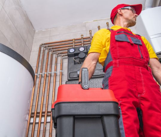 hvac technician in red work cloths